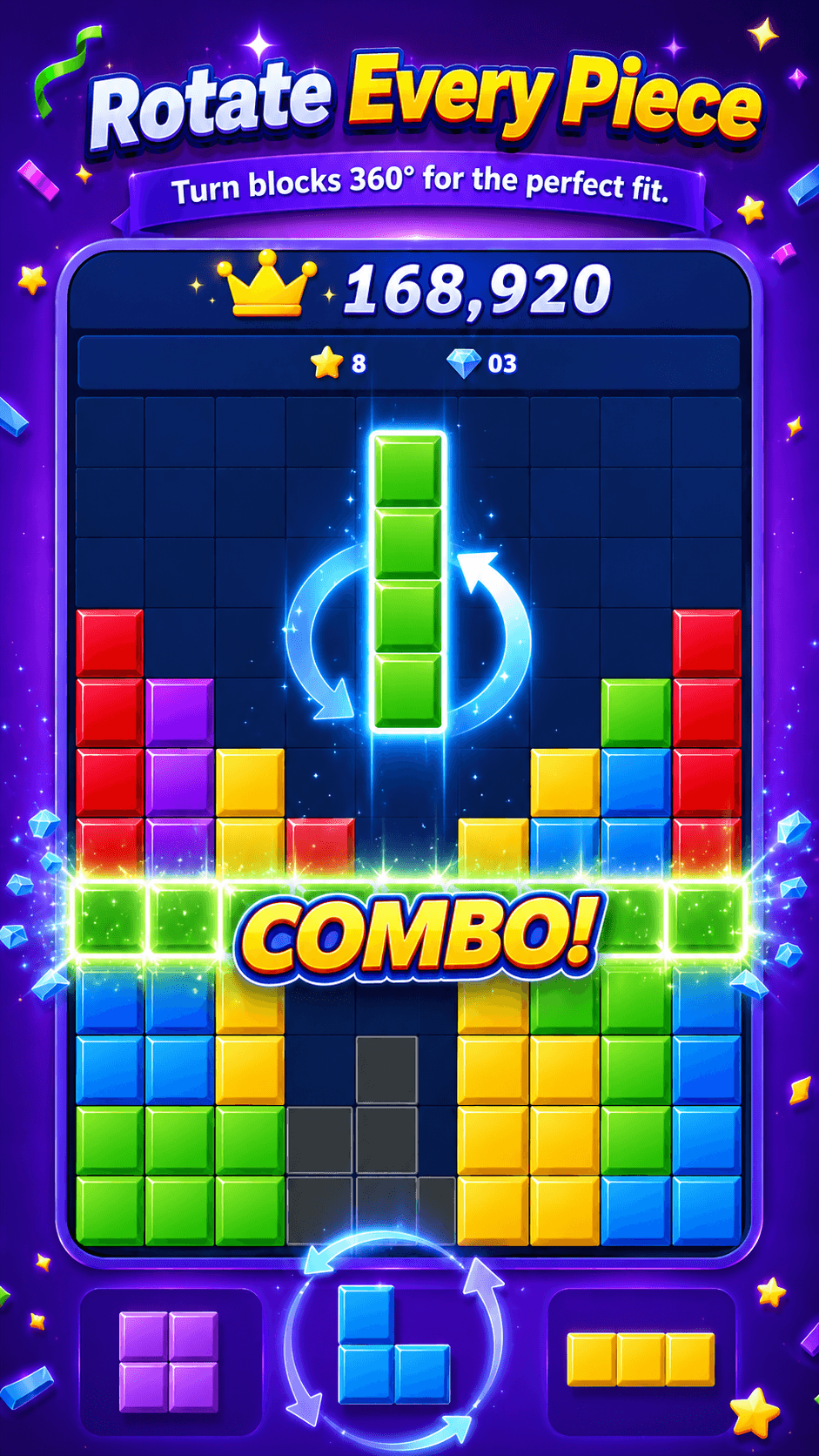 Block Puzzle Offline Jewel rotate every block to fit the space